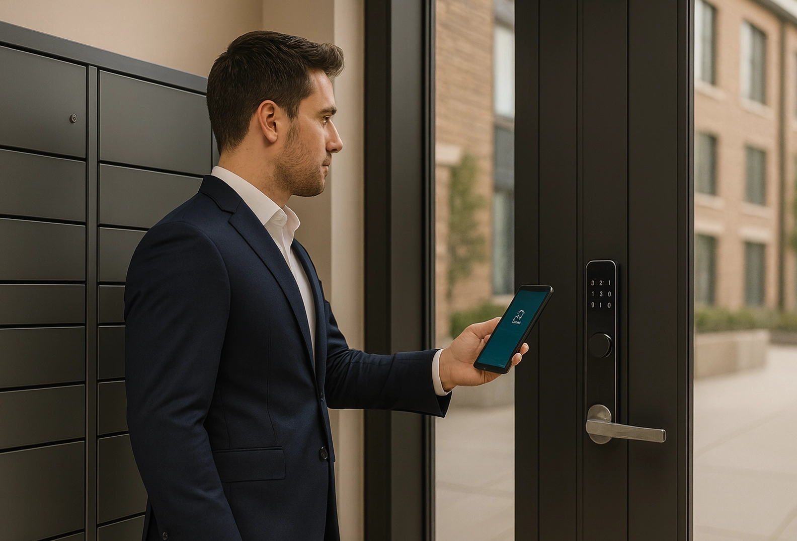 A man in a suite using his smartphone to unlock a door