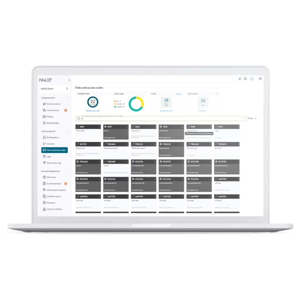 1VALET's access control screen