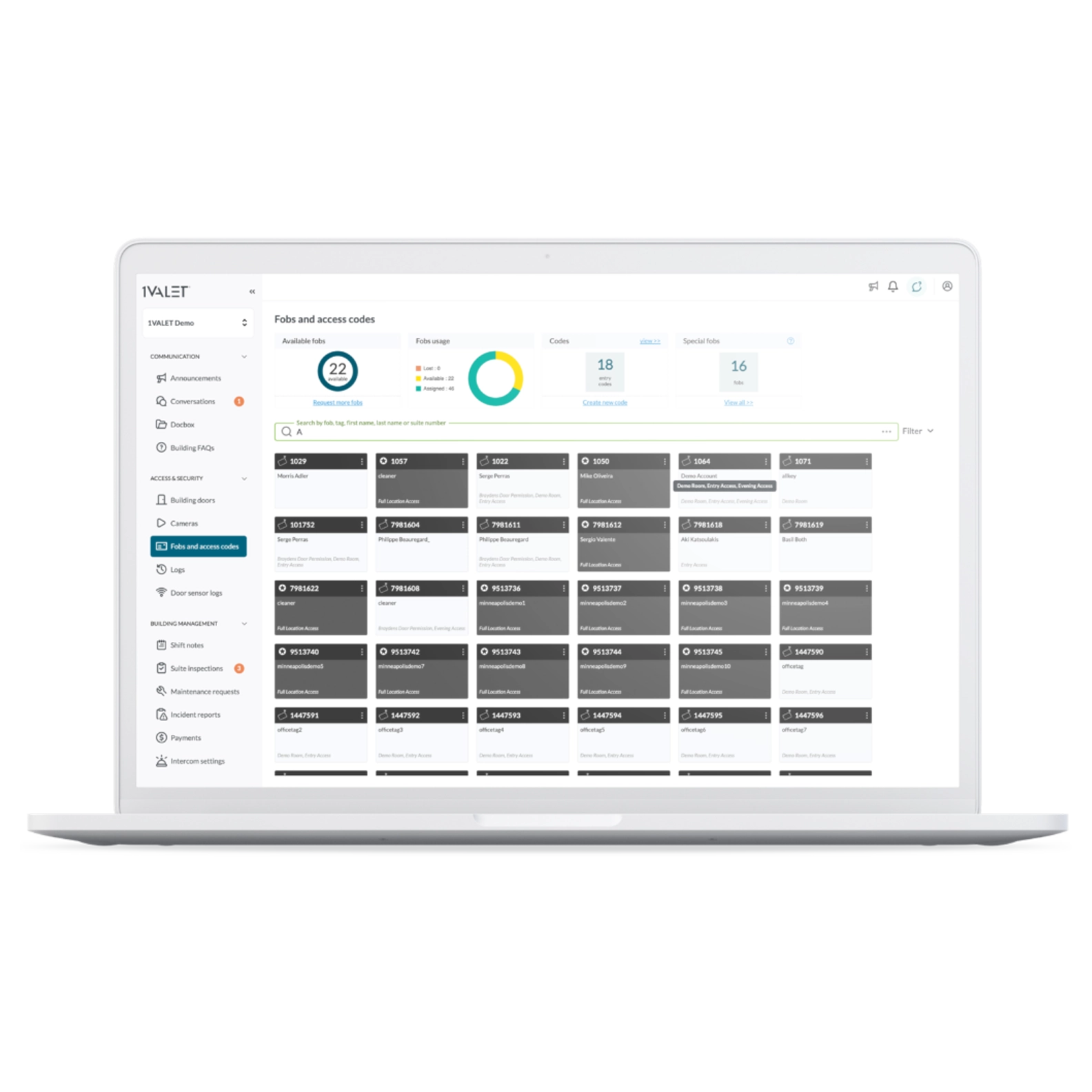 1VALET's access control screen