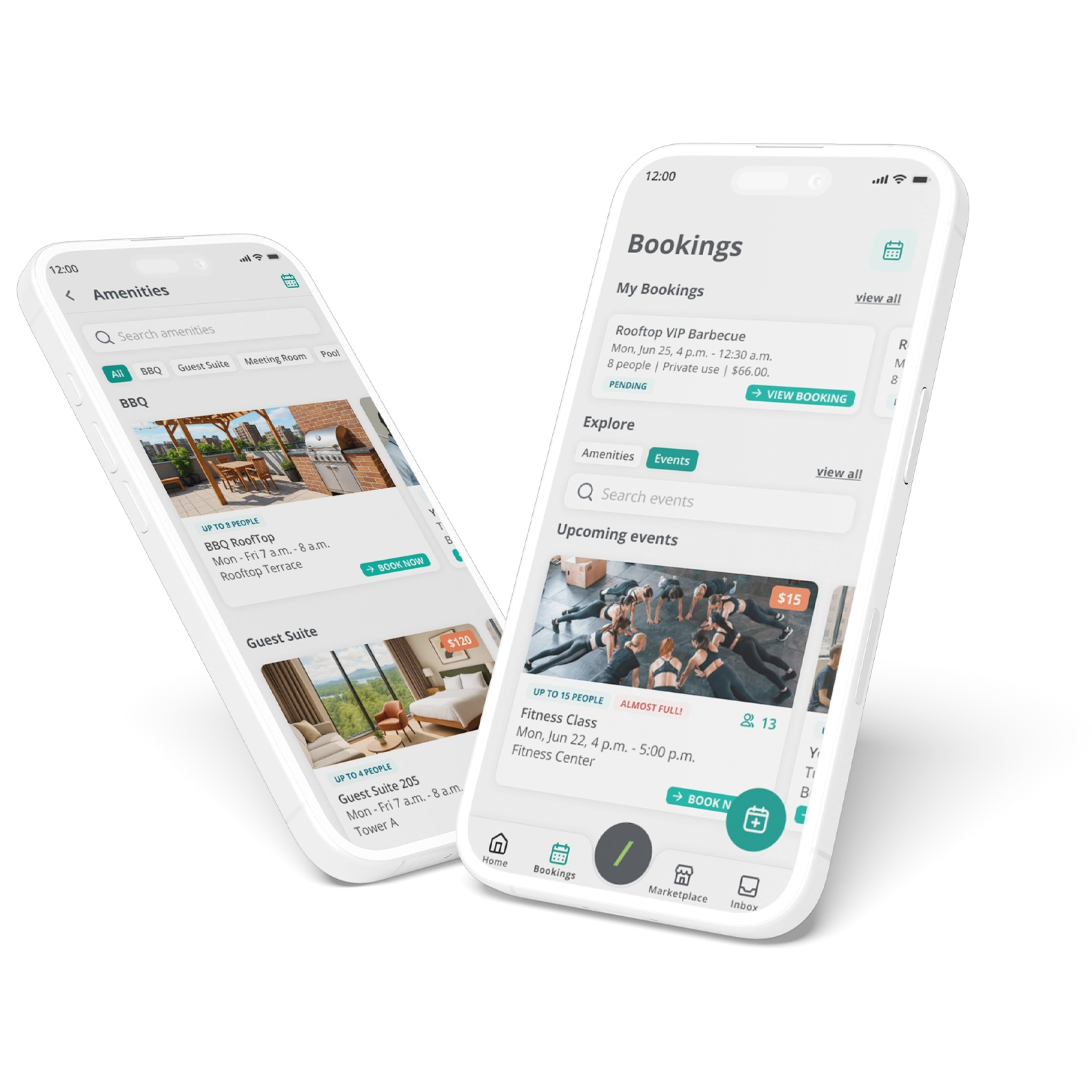 1VALET amenity booking UI shown on smartphone mockups