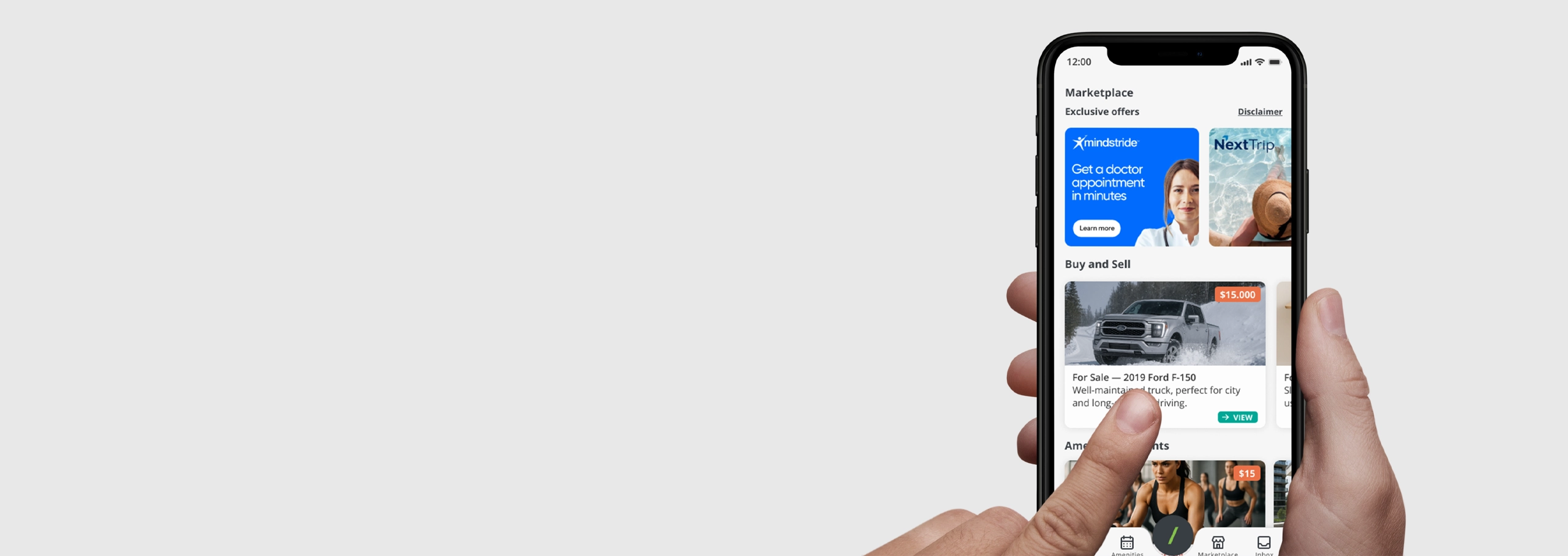 Hands holding a smartphone using the 1VALET resident app