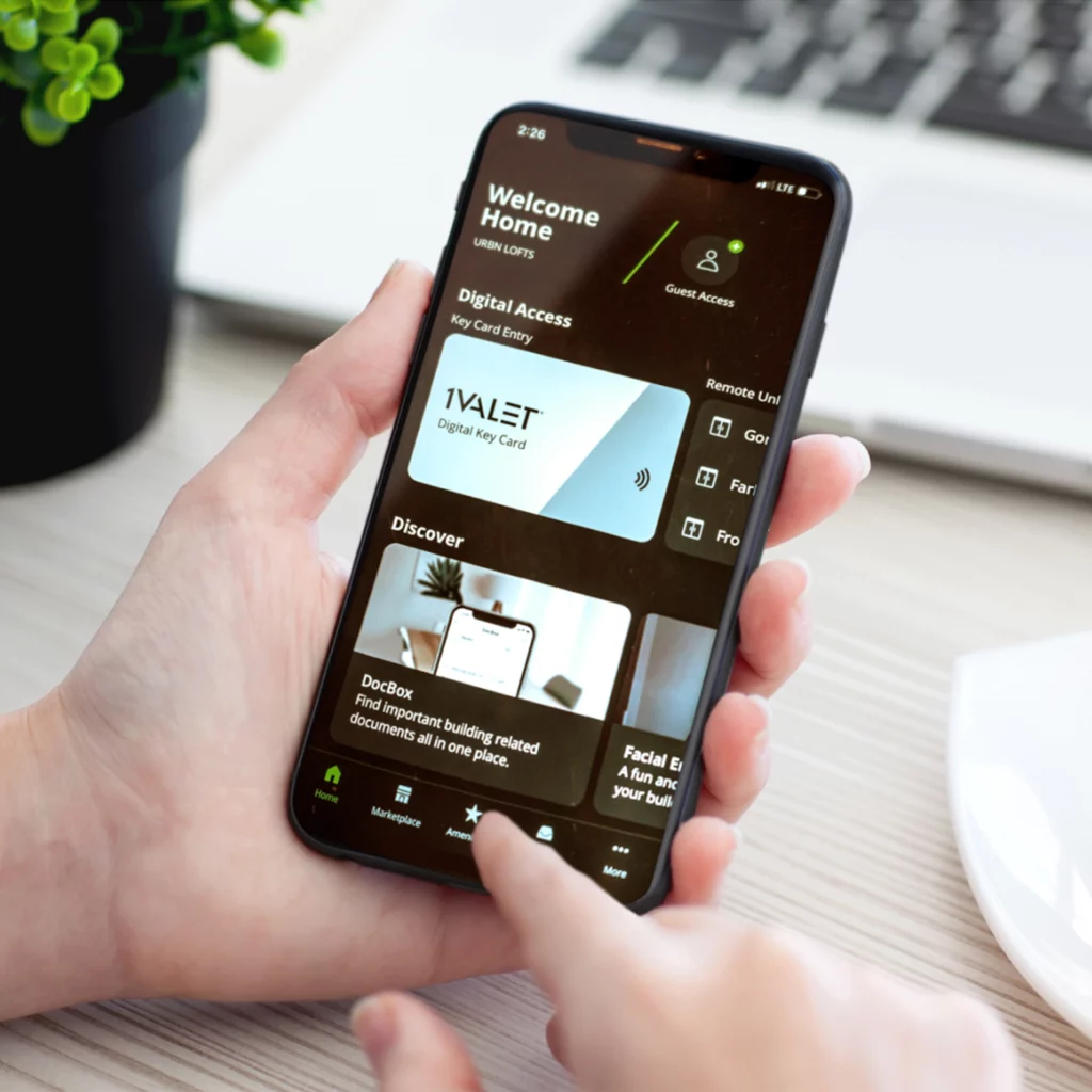 Close up mockup of 1VALET's Resident App on smartphone