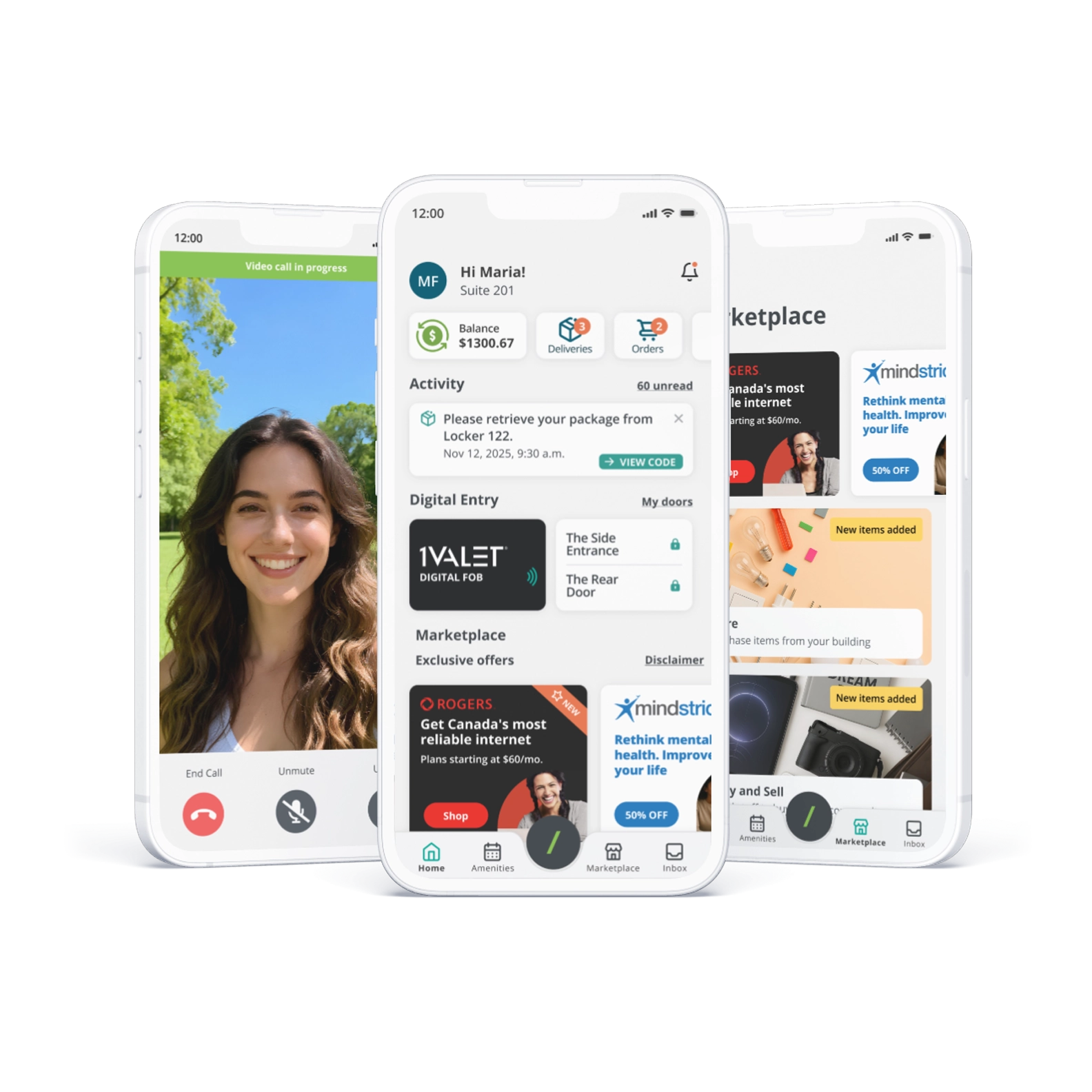 Multiple screens from the 1VALET resident app mocked up on smartphones