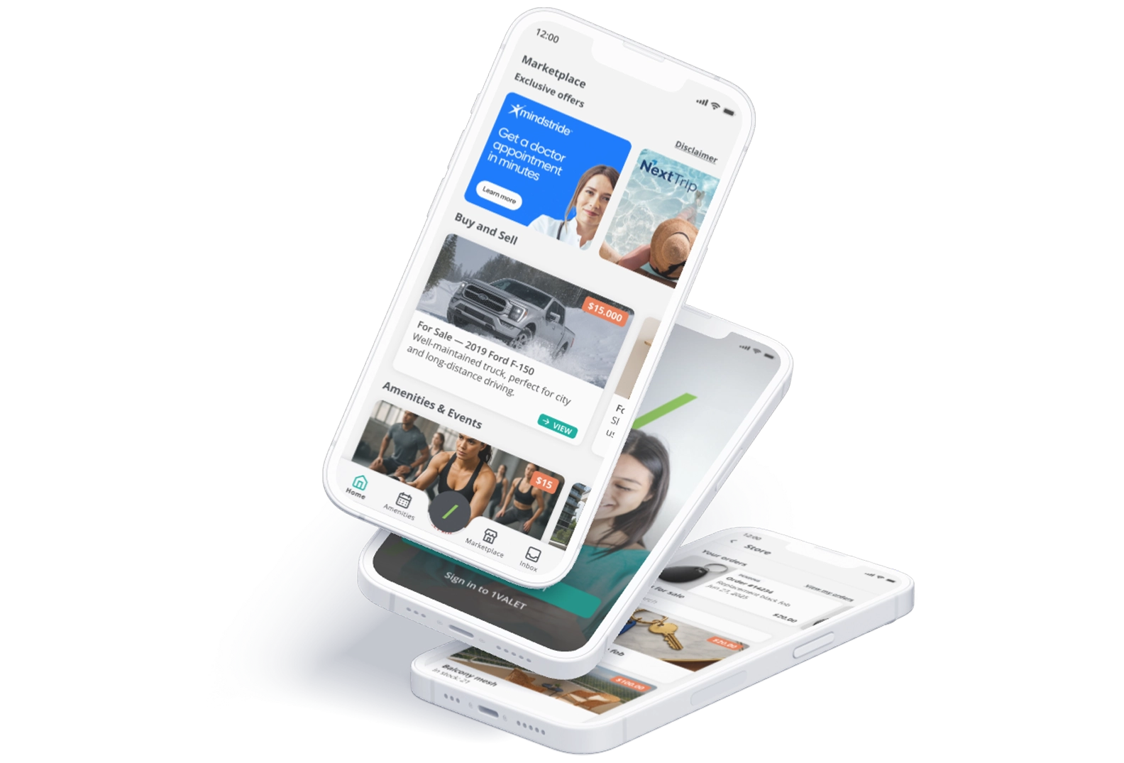 Smartphone graphic with 1VALET app screenshots on the screens