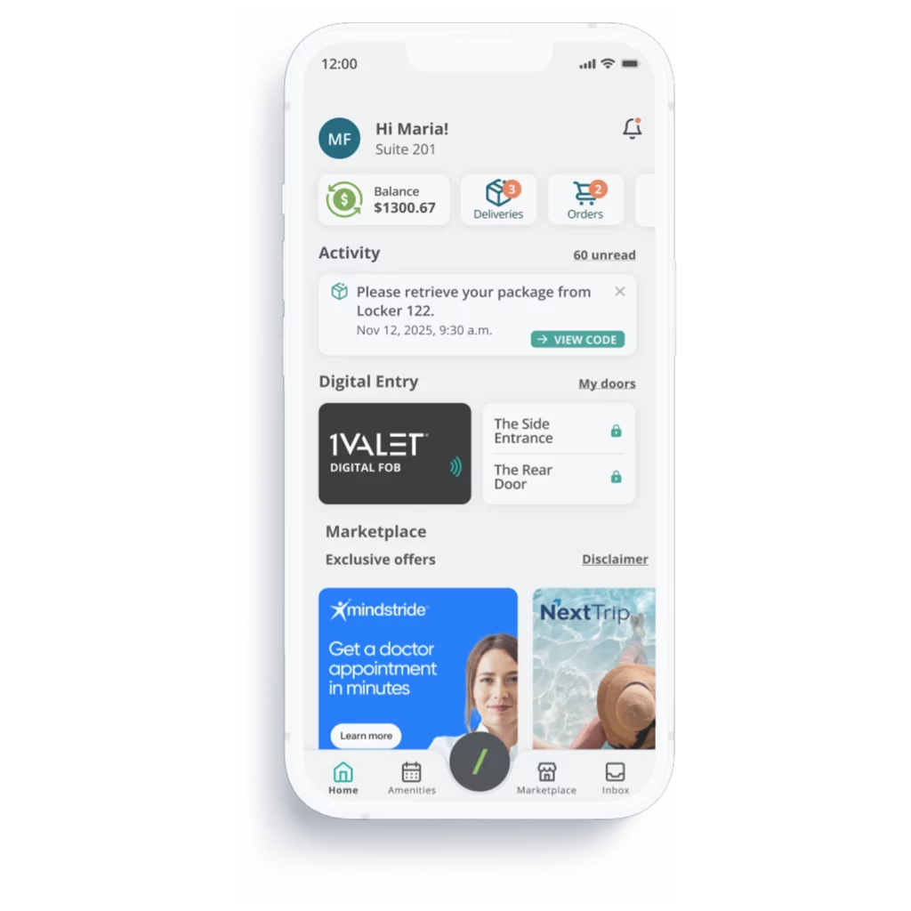 Smartphone mockup with 1VALET's resident app on it