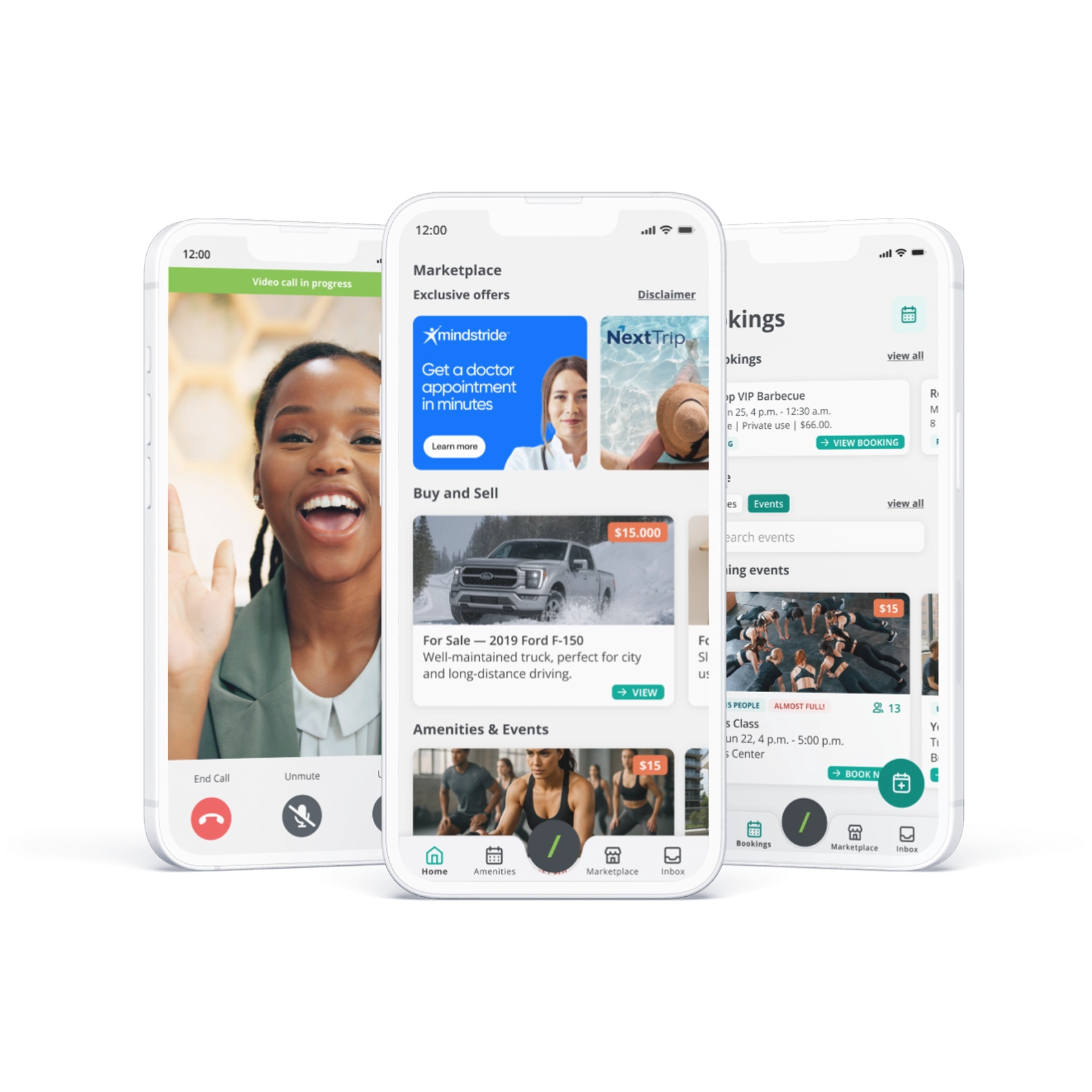 Three smartphones with 1VALET's resident app UI on the screen