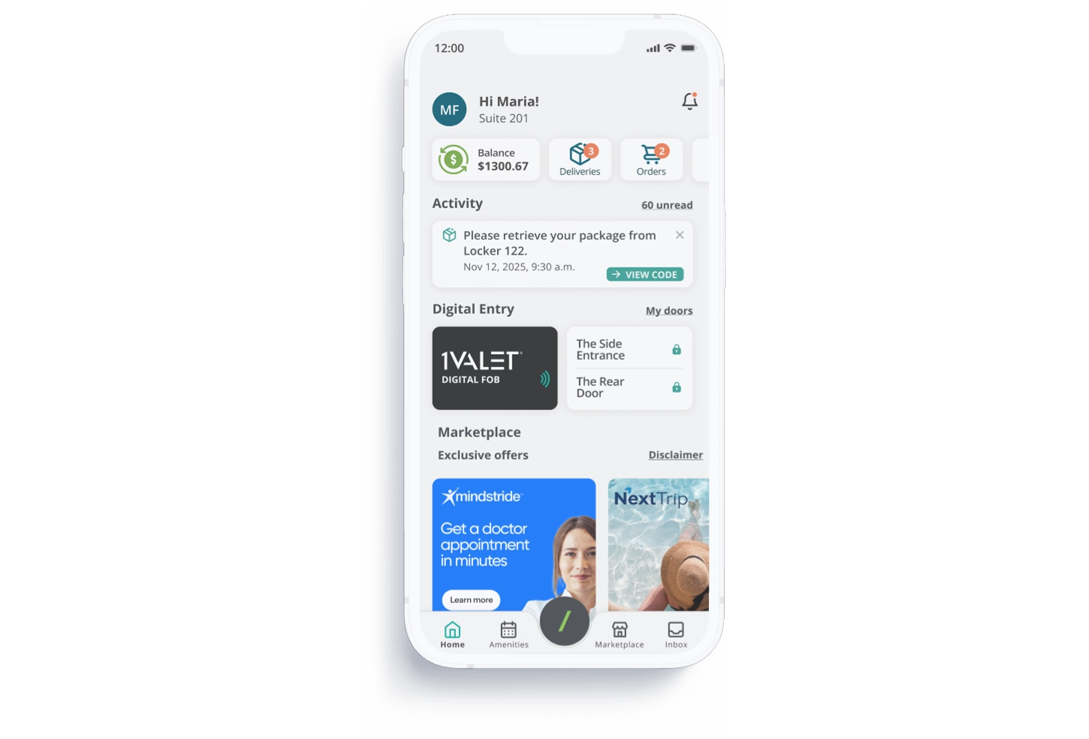 Smartphone with 1VALET's resident app UI on the screen