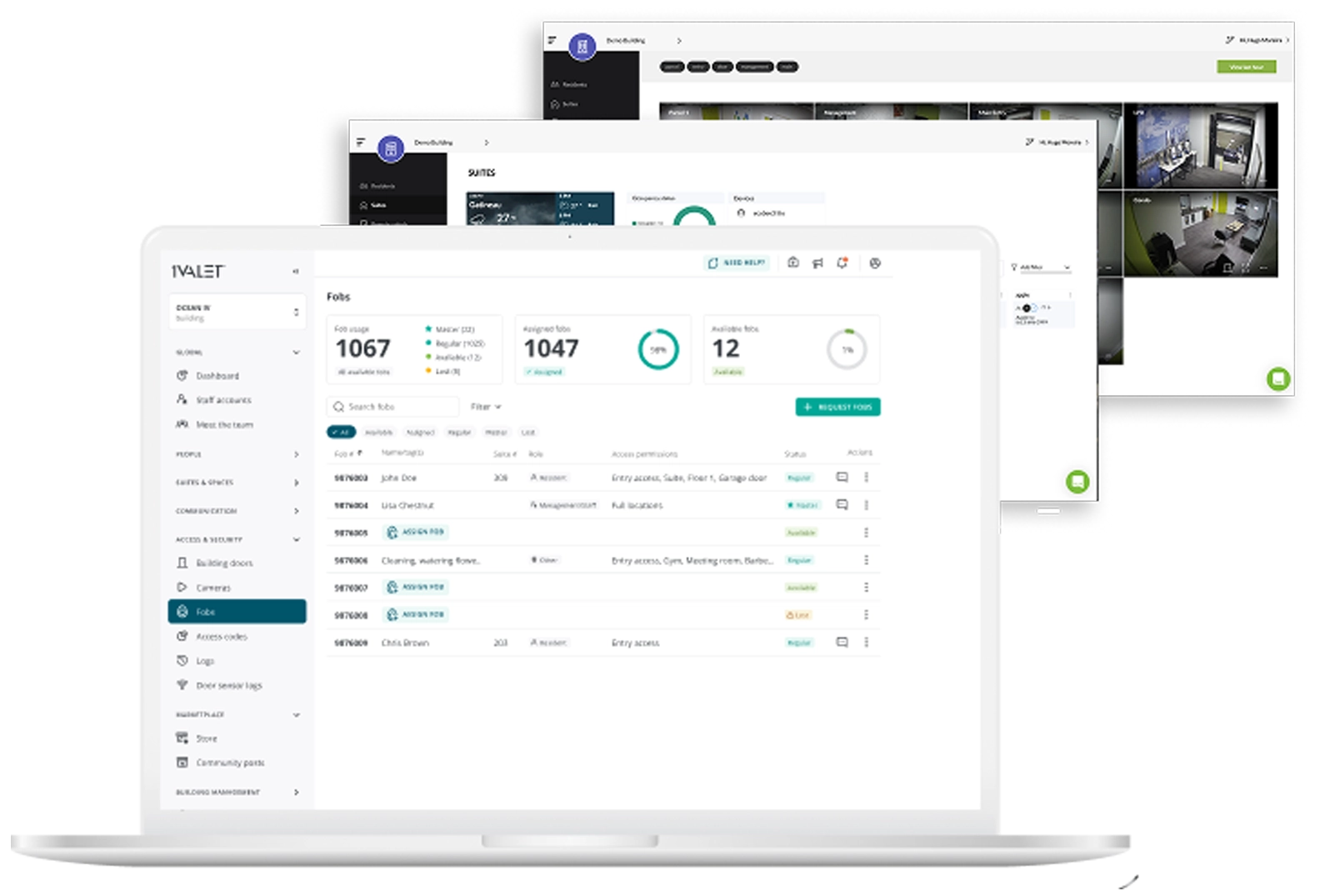 Computer screen mockups with 1VALET desktop UI on them